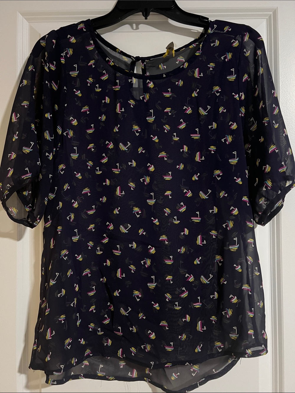 Women’s Navy Short-Sleeve Sheer Blouse with Multicolor Print